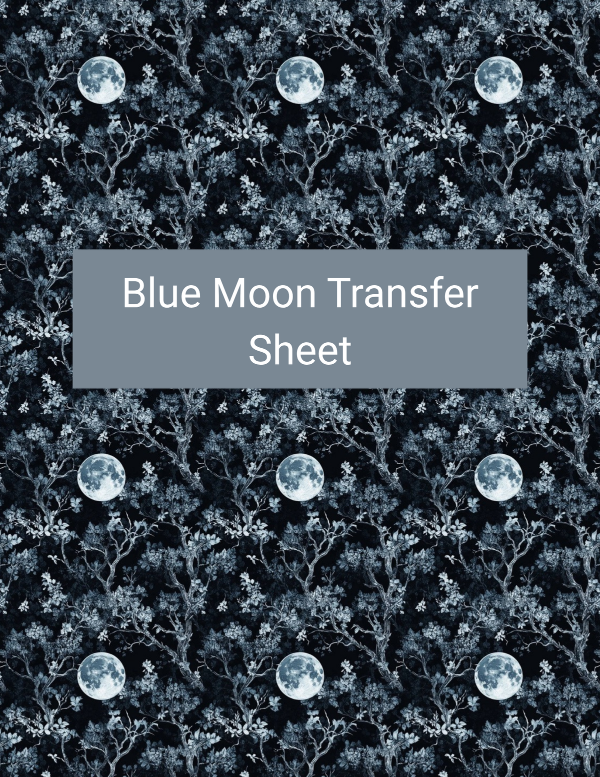 Blue Moon polymer clay transfer paper with deep blue, stormy gray, icy white, and black featuring glowing full moons, tangled branches, and shadowy botanical foliage