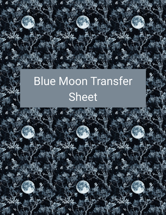 Blue Moon polymer clay transfer paper with deep blue, stormy gray, icy white, and black featuring glowing full moons, tangled branches, and shadowy botanical foliage