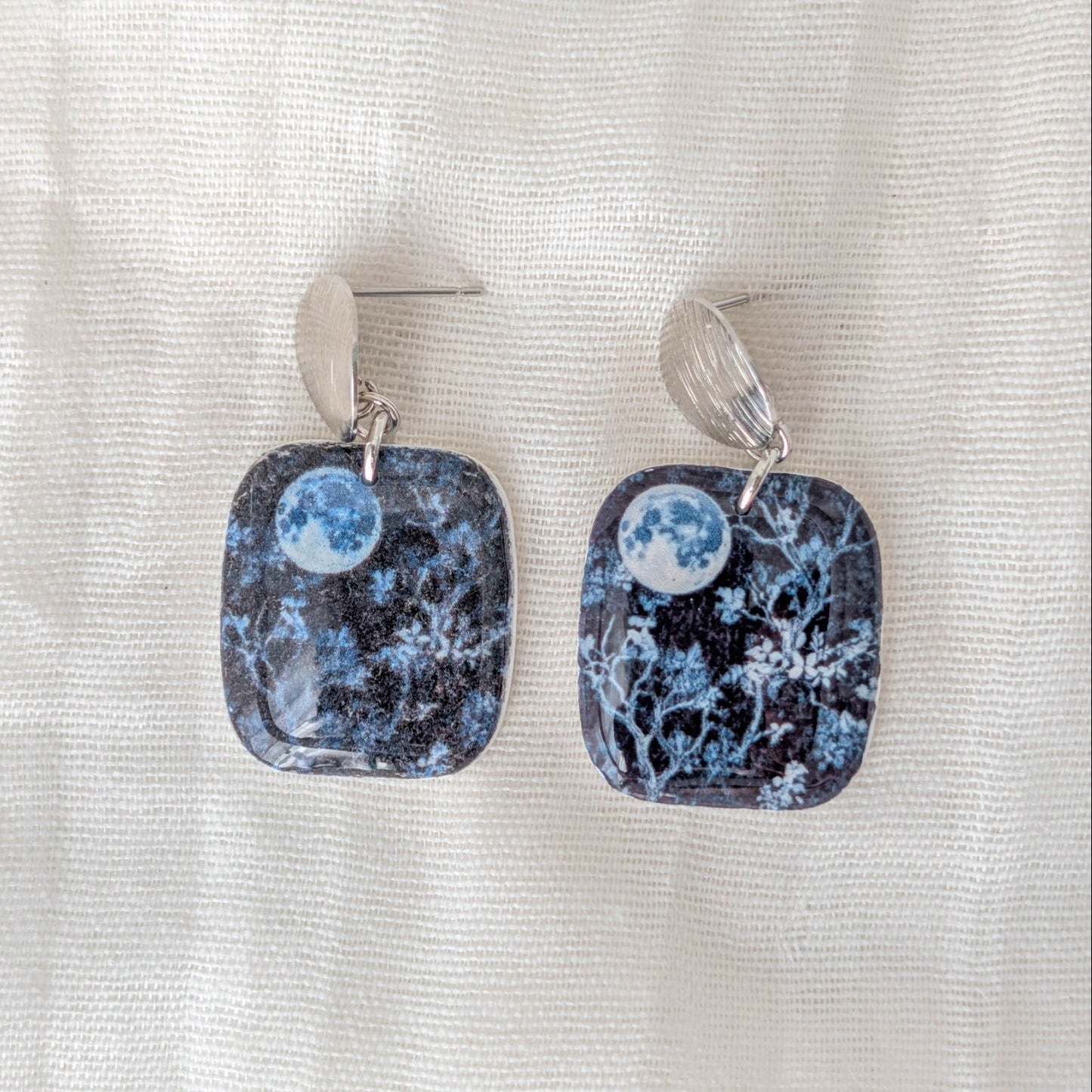Blue and black full moon square celestial dangle earrings