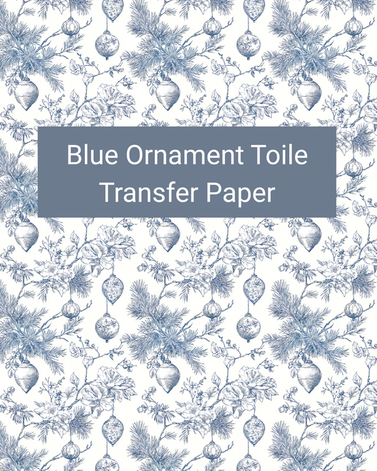 Blue Ornament Toile polymer clay transfer paper with hanging ornaments, pine branches, berries, and delicate botanical details in white, pale blue, denim blue, and navy