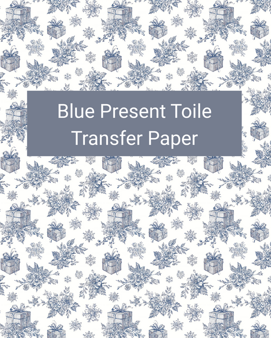 Blue Present Toile polymer clay transfer paper with wrapped presents, bows, pine branches, and snowflakes in a toile repeat in white, pale blue, denim blue, and navy