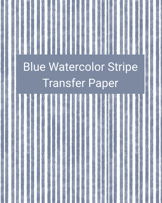 Blue Watercolor Stripe polymer clay transfer paper with hand-painted vertical watercolor stripes with softly varied edges in white, pale blue, denim blue, and navy