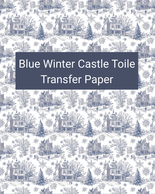 Blue Winter Castle Toile polymer clay transfer paper with snowy castles, trees, hills, and delicate winter scenery in white, pale blue, denim blue, and navy