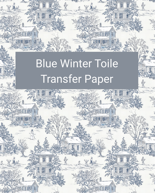 Blue Winter Toile polymer clay transfer paper with snowy houses, bare trees, evergreens, and peaceful village scenes in white, pale blue, denim blue, and navy