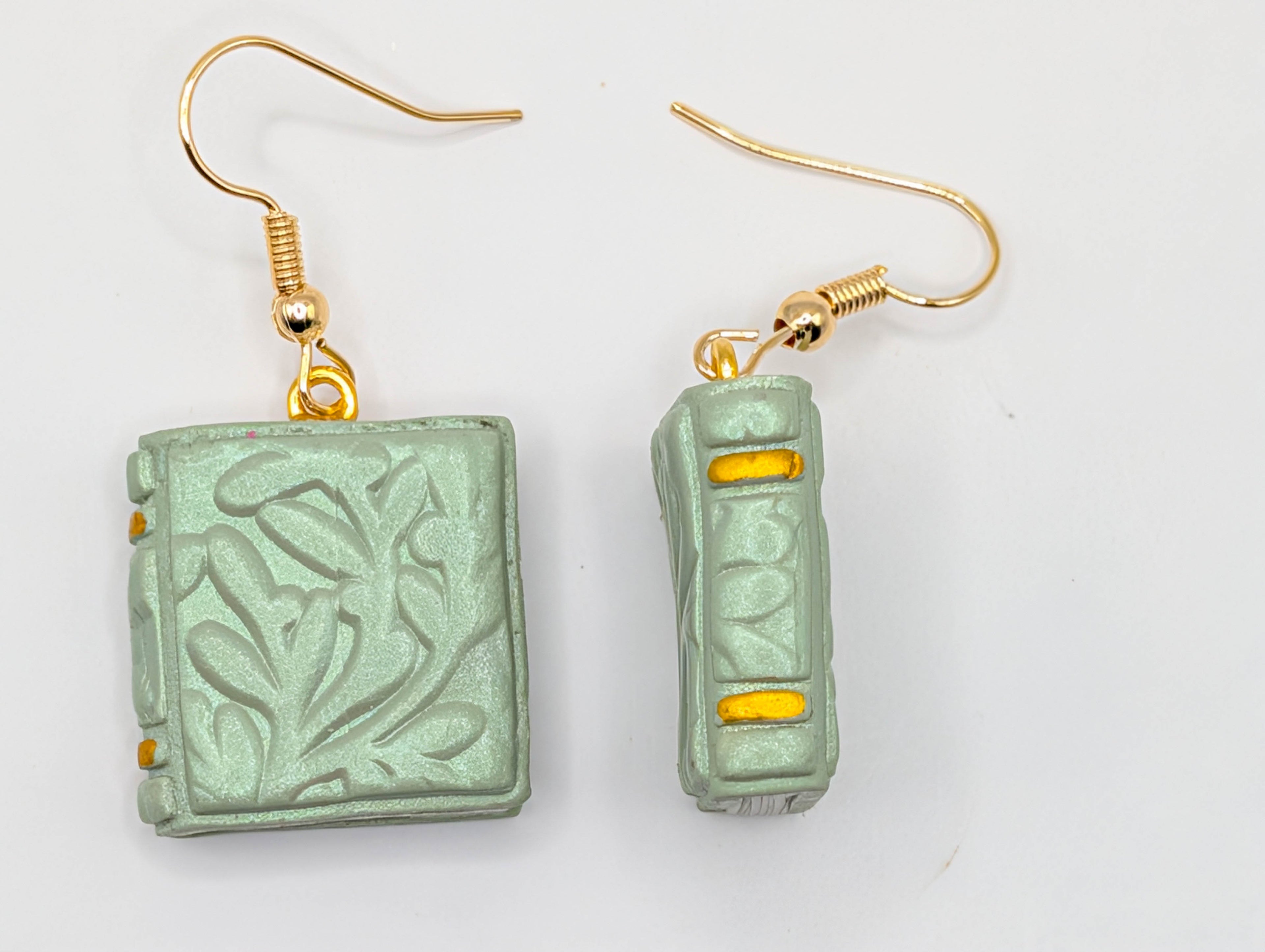 Embossed Floral Book Earrings: Cottagecore Polymer Clay Jewelry in Sage or Copper