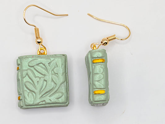 Embossed Floral Book Earrings: Cottagecore Polymer Clay Jewelry in Sage or Copper