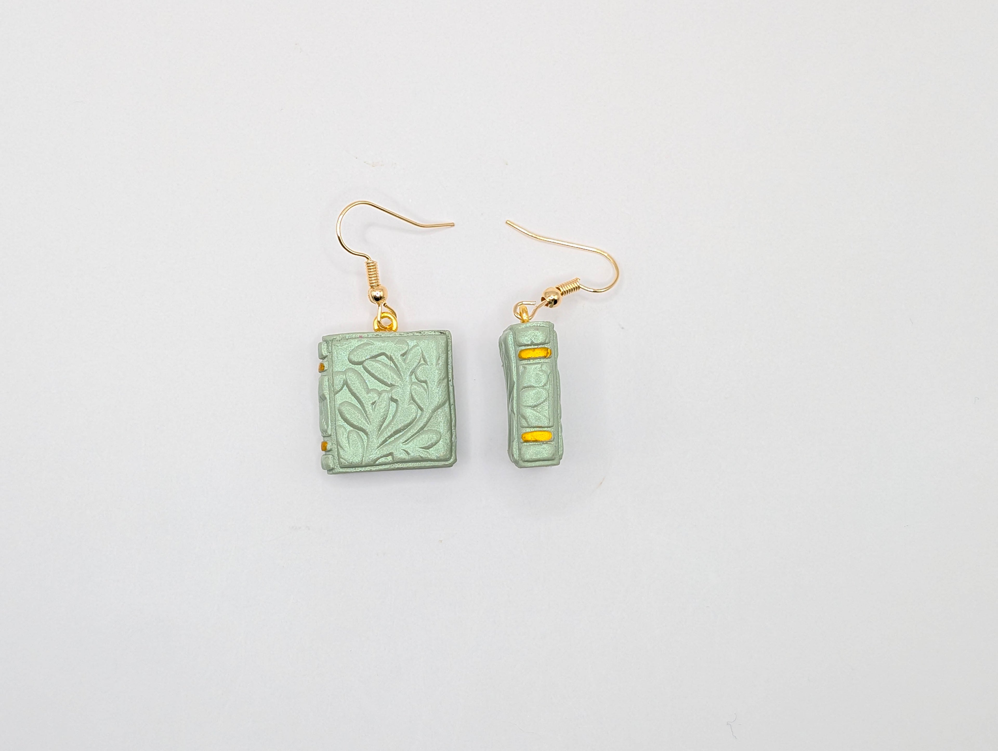 Embossed Floral Book Earrings: Cottagecore Polymer Clay Jewelry in Sage or Copper