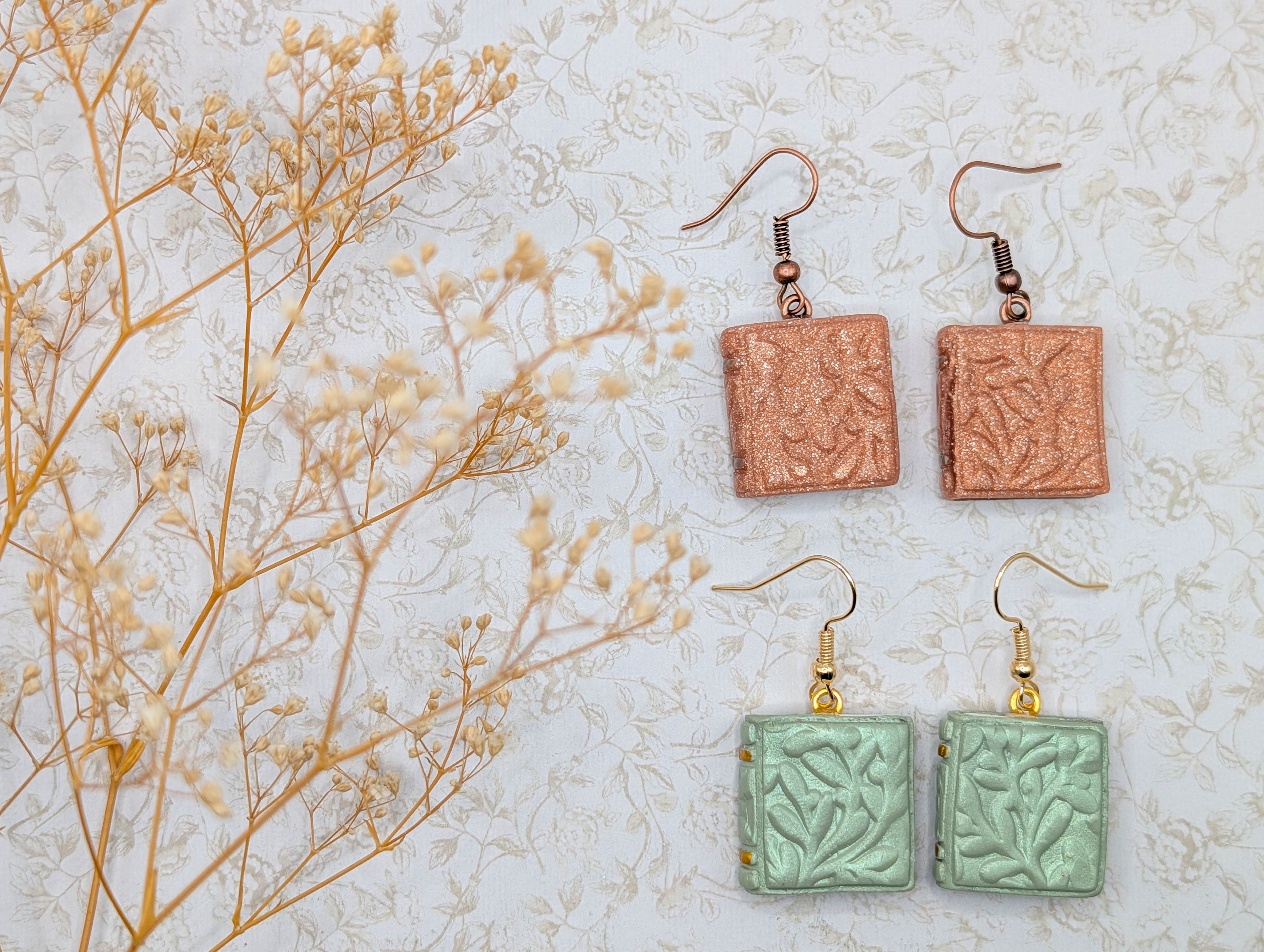 Embossed Floral Book Earrings: Cottagecore Polymer Clay Jewelry in Sage or Copper