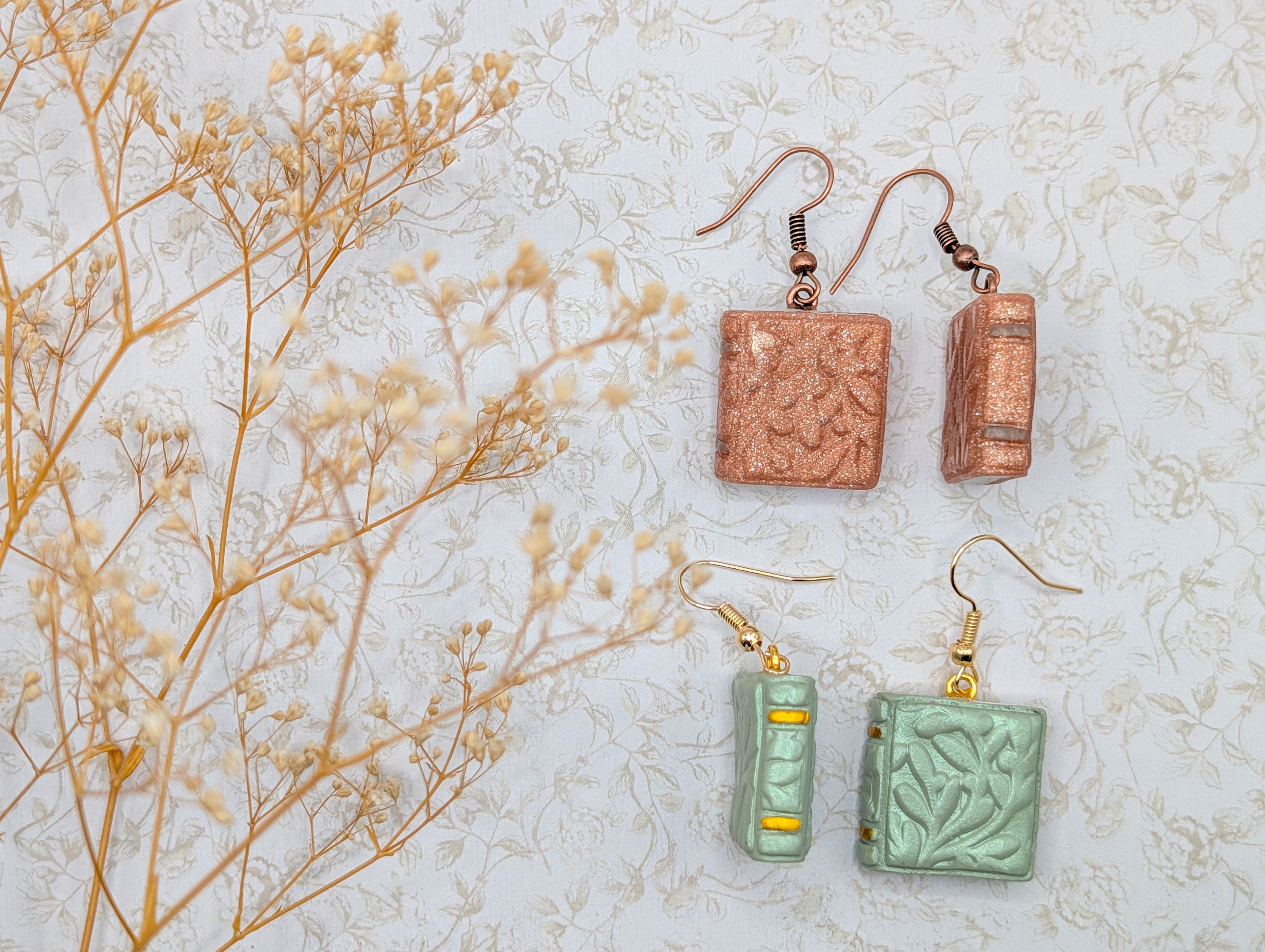 Embossed Floral Book Earrings: Cottagecore Polymer Clay Jewelry in Sage or Copper