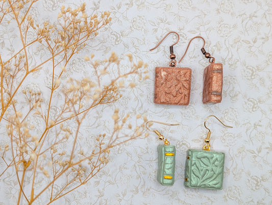 Embossed Floral Book Earrings: Cottagecore Polymer Clay Jewelry in Sage or Copper