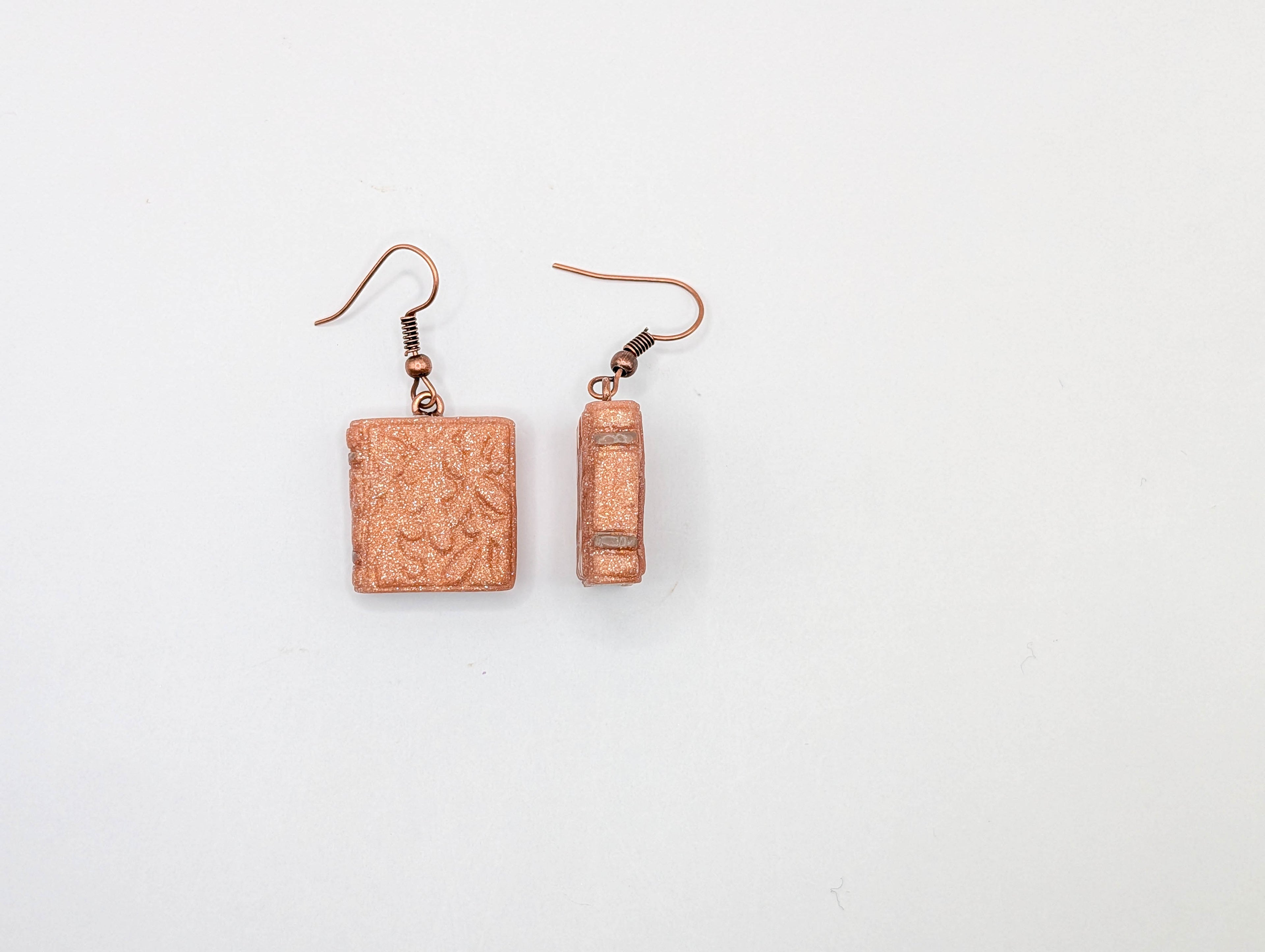 Embossed Floral Book Earrings: Cottagecore Polymer Clay Jewelry in Sage or Copper