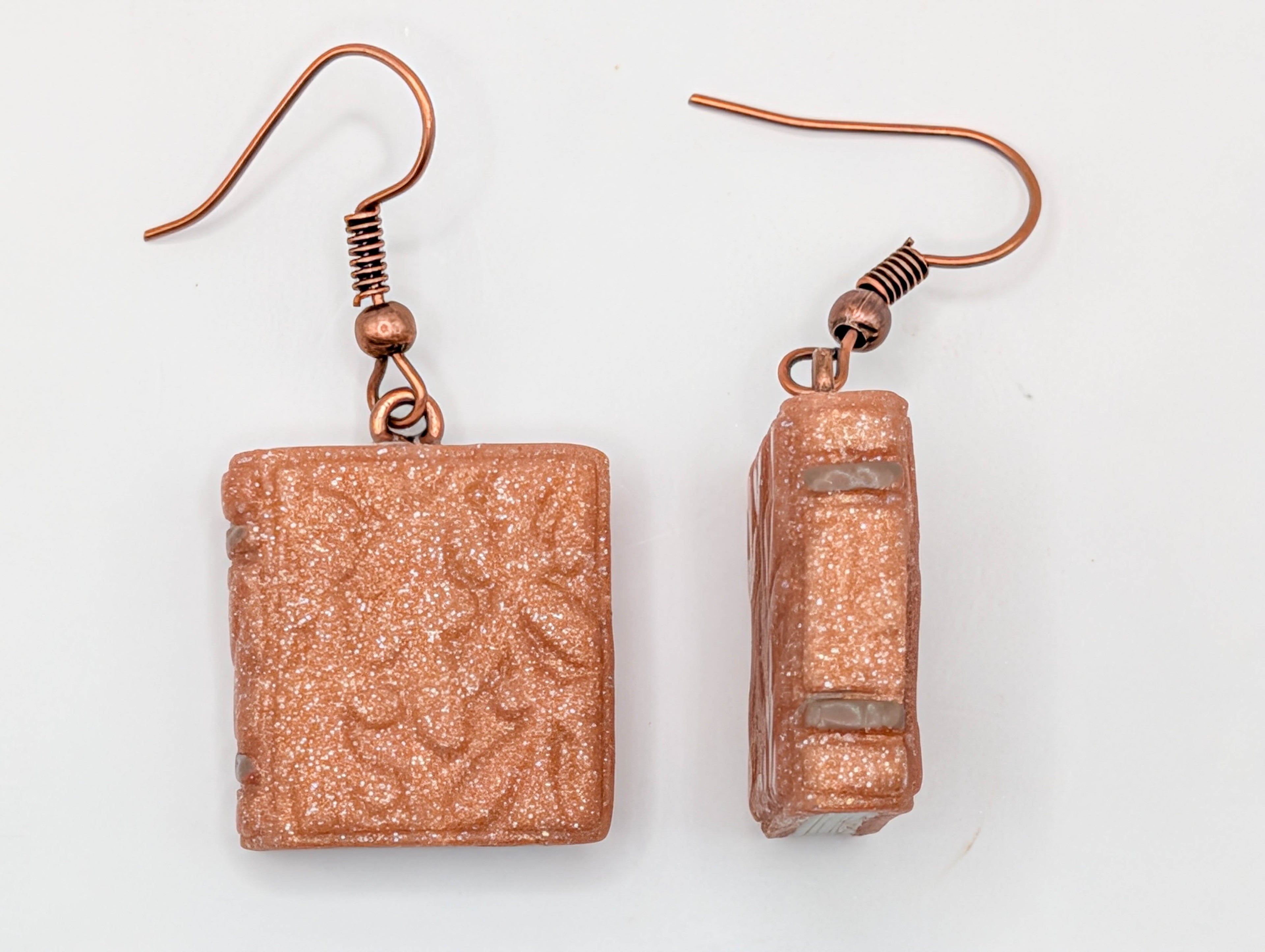 Embossed Floral Book Earrings: Cottagecore Polymer Clay Jewelry in Sage or Copper