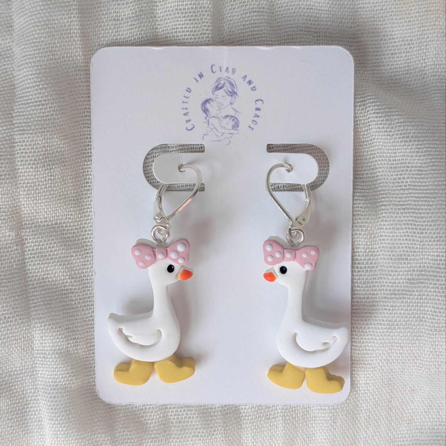 Handmade Whimsical Goose Clay Earrings with Cute Bow and Rainboots