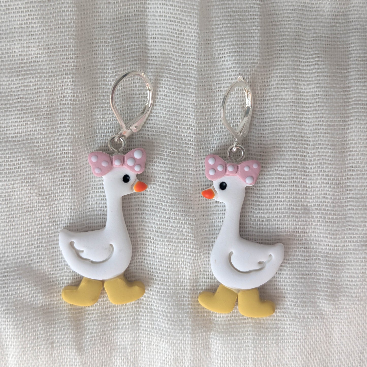 Handmade Whimsical Goose Clay Earrings with Cute Bow and Rainboots