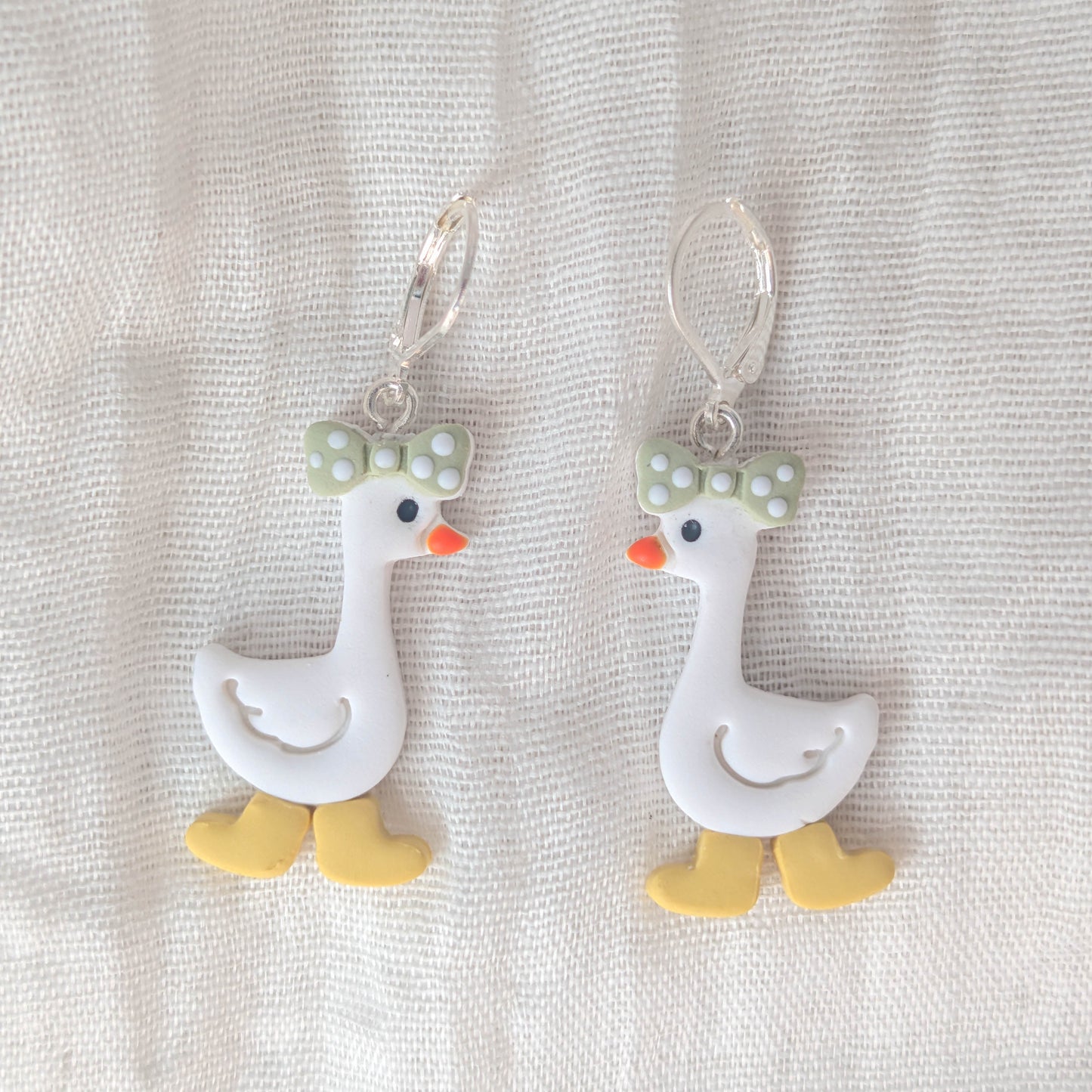 Handmade Whimsical Goose Clay Earrings with Cute Bow and Rainboots