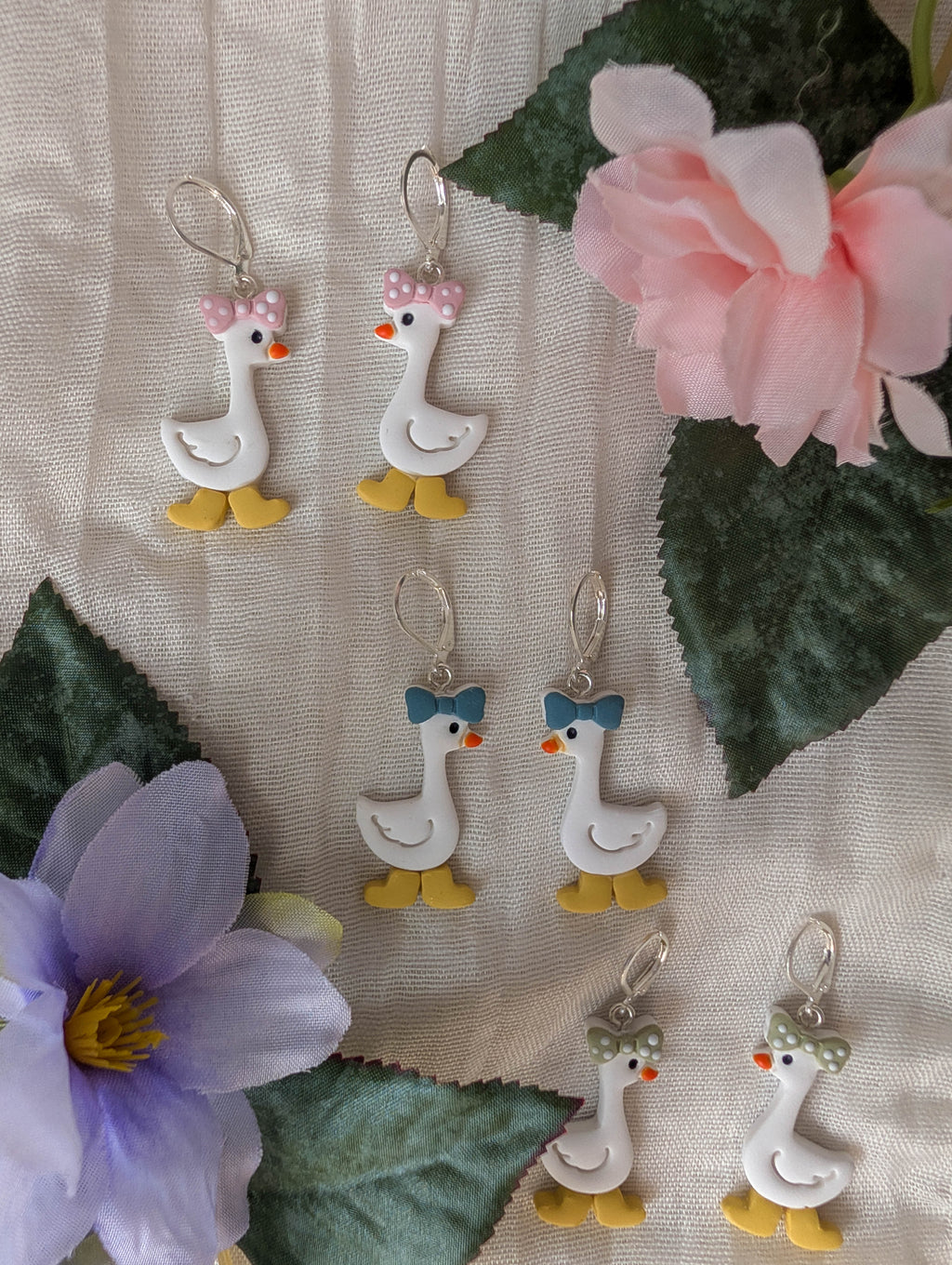 Handmade Whimsical Goose Clay Earrings with Cute Bow and Rainboots