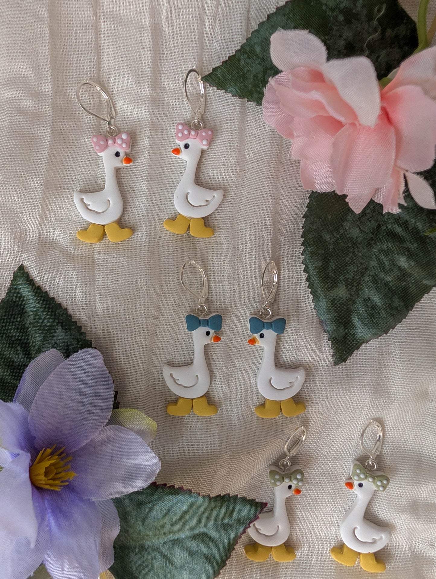 Handmade Whimsical Goose Clay Earrings with Cute Bow and Rainboots
