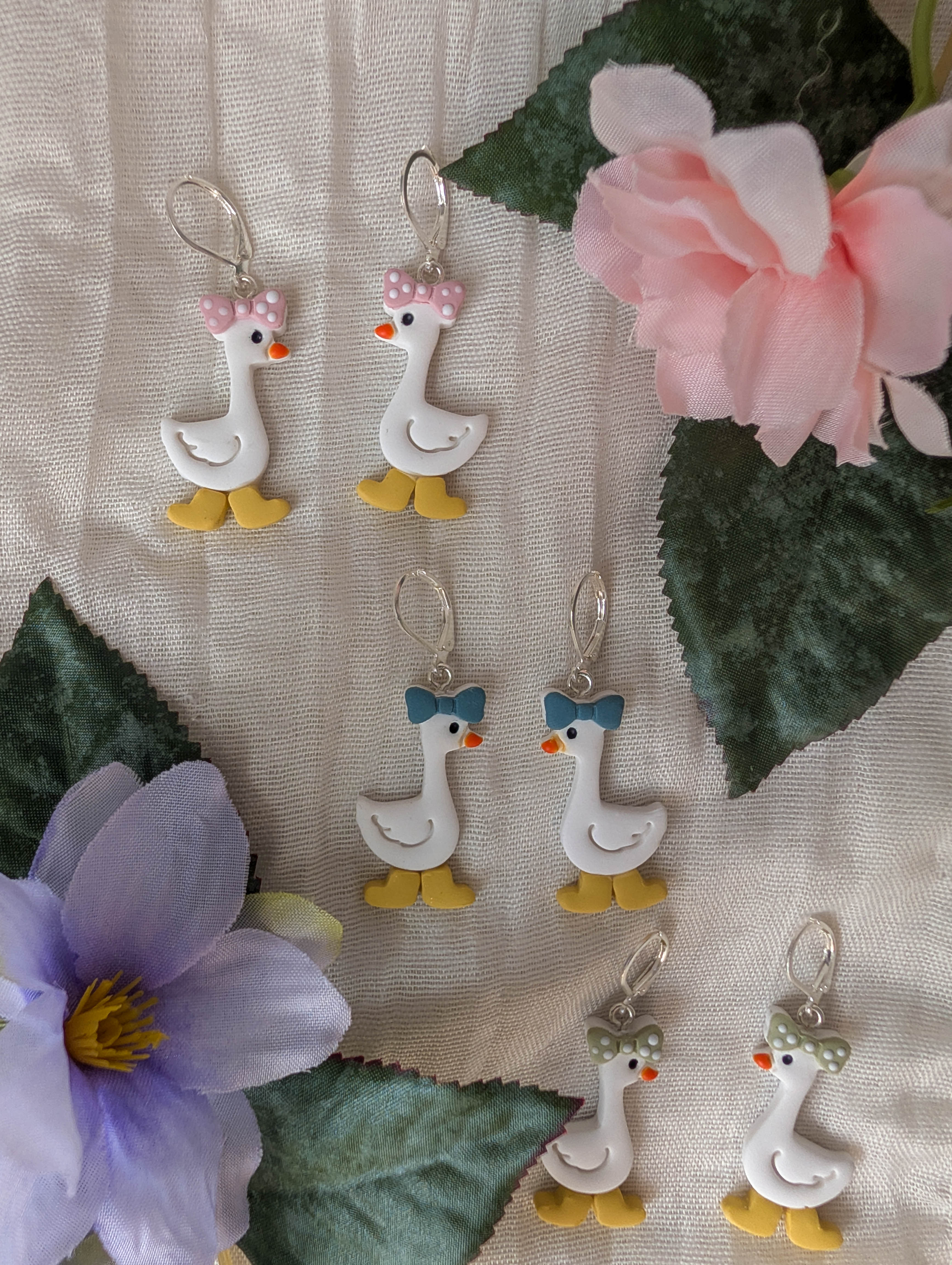 Handmade Whimsical Goose Clay Earrings with Cute Bow and Rainboots