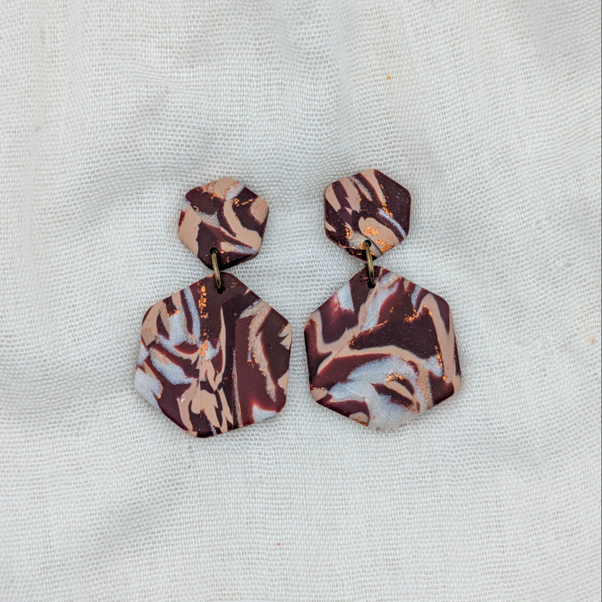 Neutral brown marble hexagon dangle earrings with copper and silver shimmer