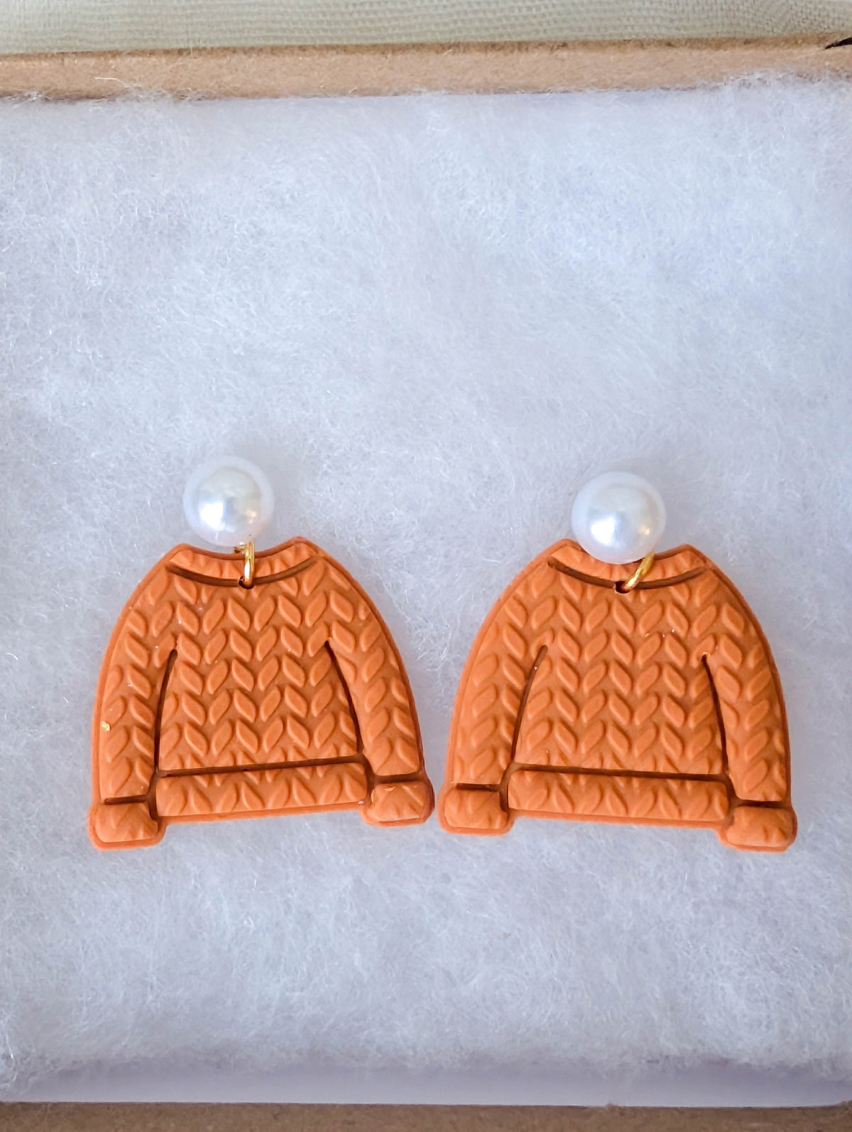Burnt Orange handmade cable-knit sweater earrings with faux pearl posts
