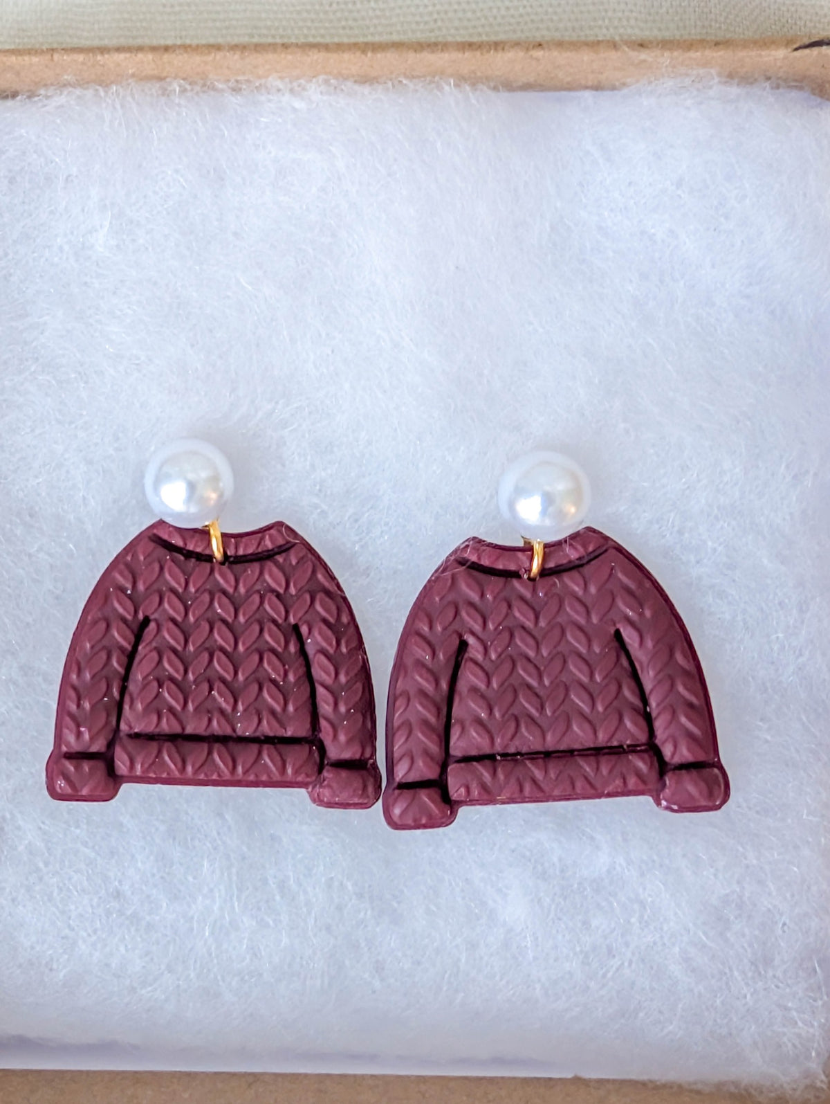 Burnt Orange polymer clay sweater earrings with ribbed trim and faux pearl posts