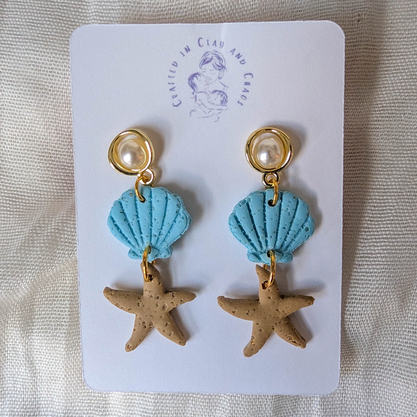 Cape Cod Sand Shell Starfish Earrings, Pearl Coastal Statement Earrings for Beach Dinner Date or Summer Brunch