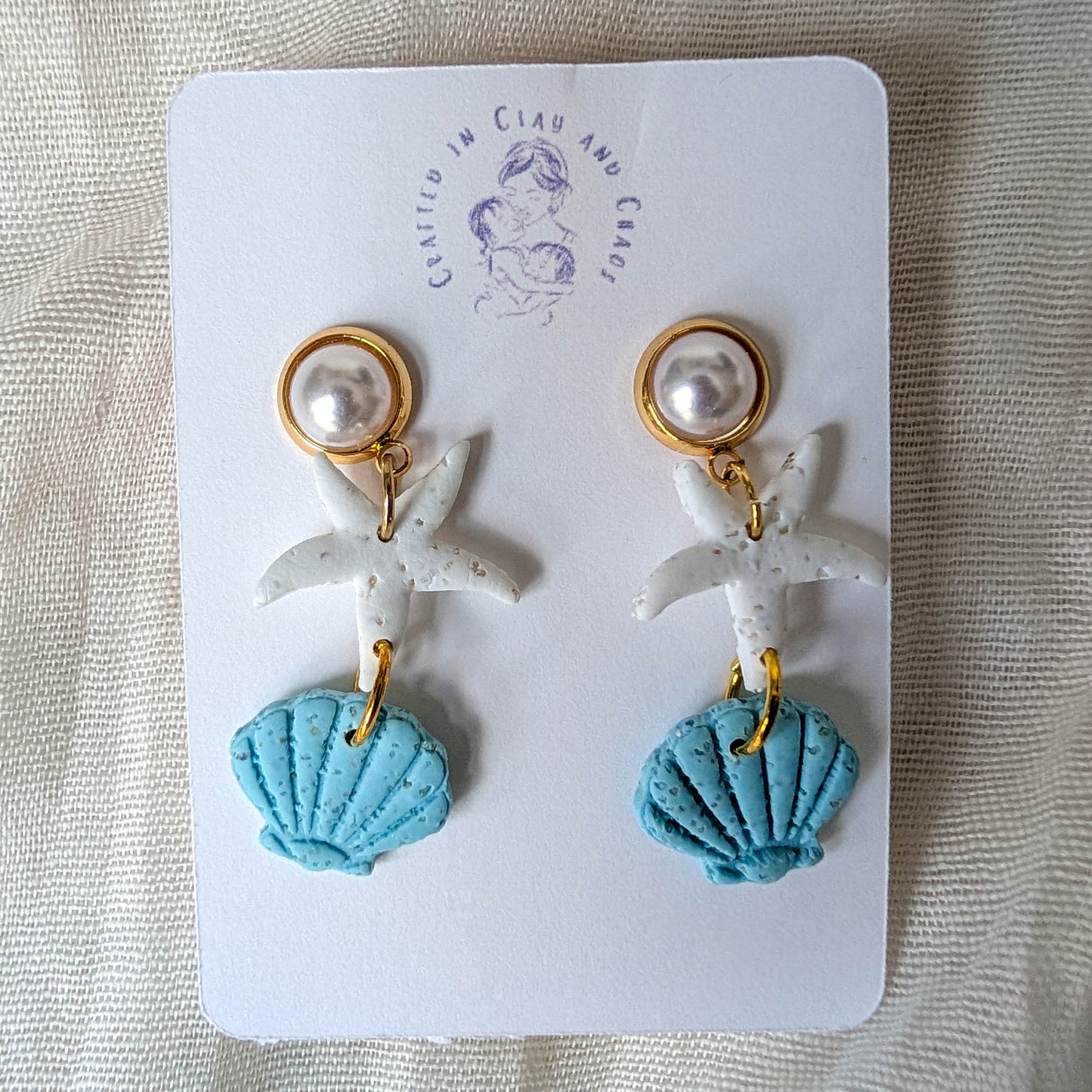 Cape Cod Sand Shell Starfish Earrings, Pearl Coastal Statement Earrings for Beach Dinner Date or Summer Brunch