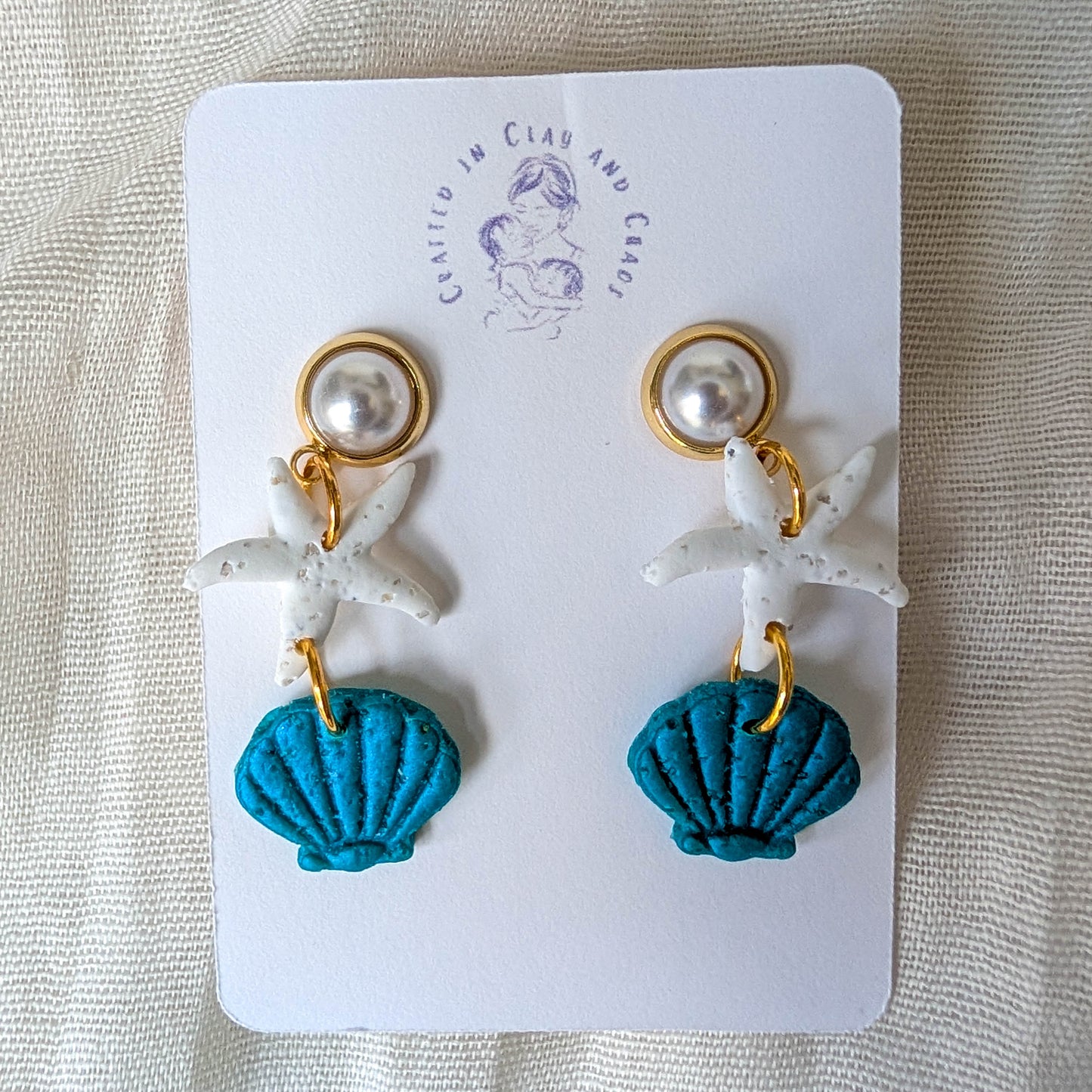 Cape Cod Sand Shell Starfish Earrings, Pearl Coastal Statement Earrings for Beach Dinner Date or Summer Brunch
