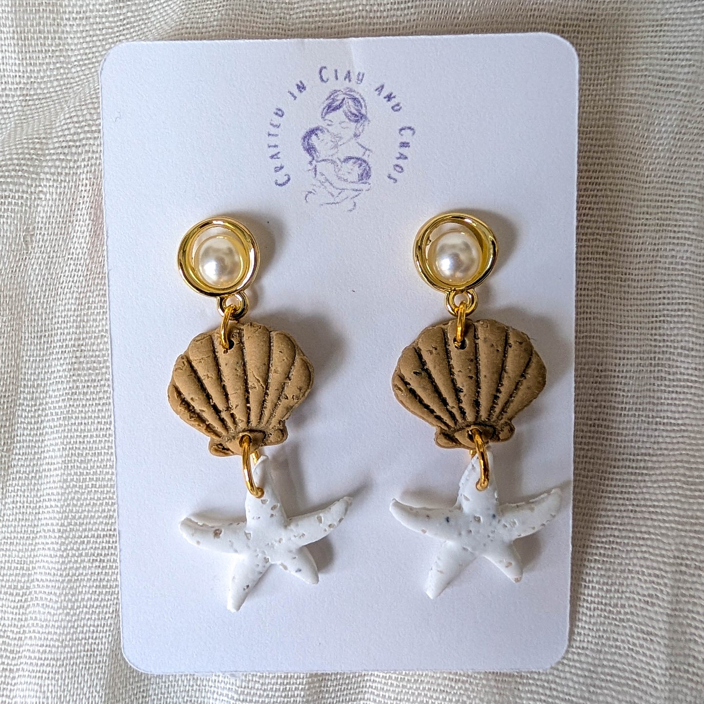 Cape Cod Sand Shell Starfish Earrings, Pearl Coastal Statement Earrings for Beach Dinner Date or Summer Brunch