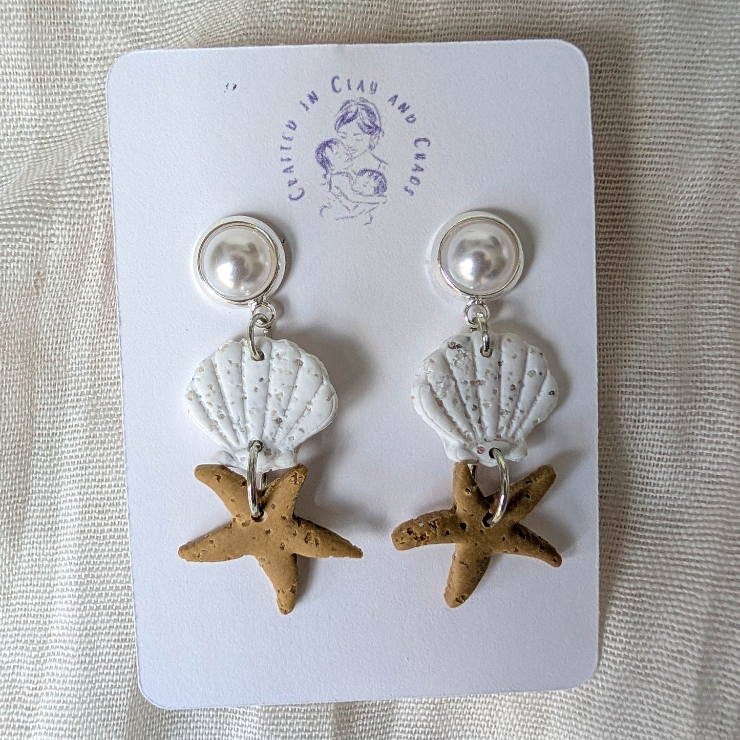 Cape Cod Sand Shell Starfish Earrings, Pearl Coastal Statement Earrings for Beach Dinner Date or Summer Brunch