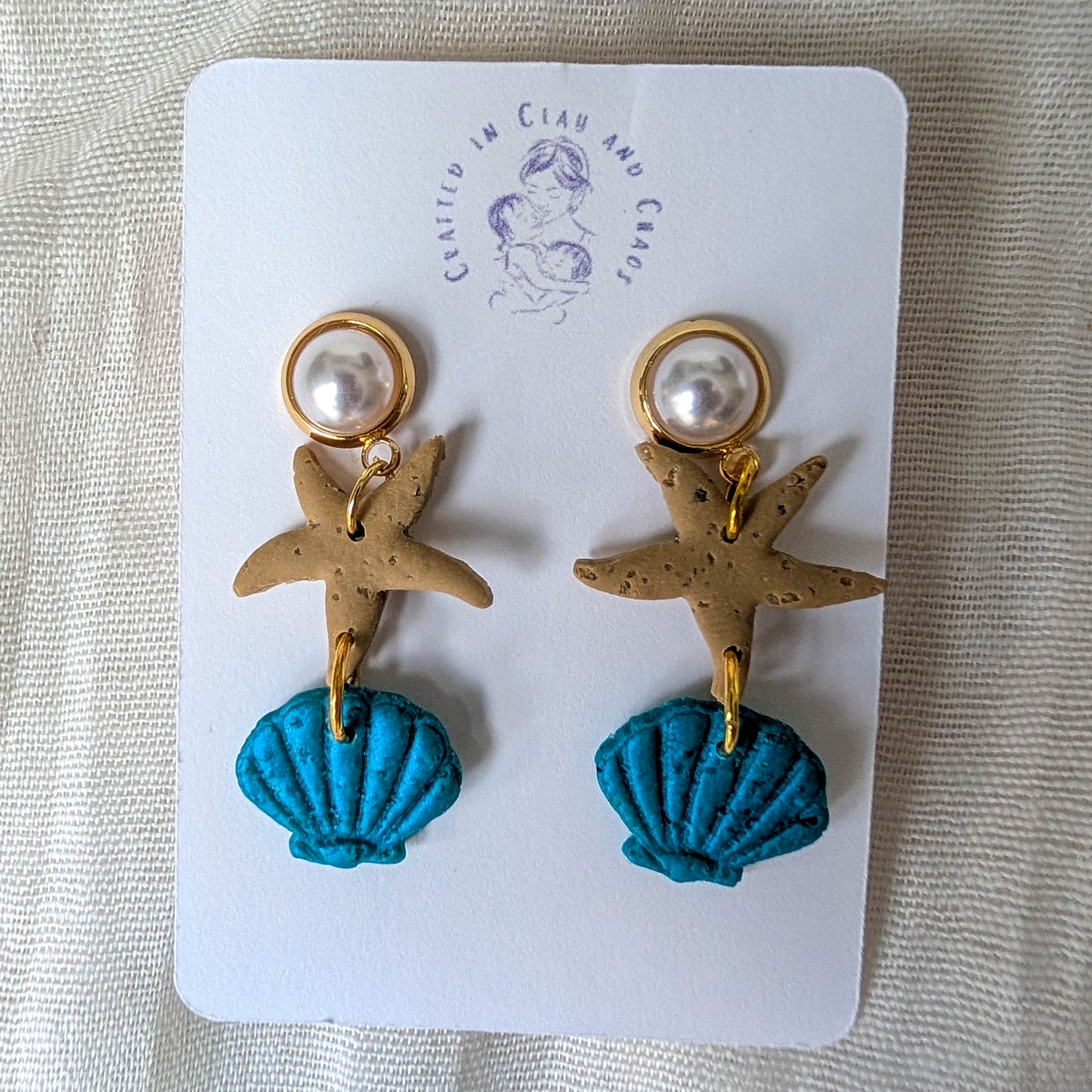 Cape Cod Sand Shell Starfish Earrings, Pearl Coastal Statement Earrings for Beach Dinner Date or Summer Brunch