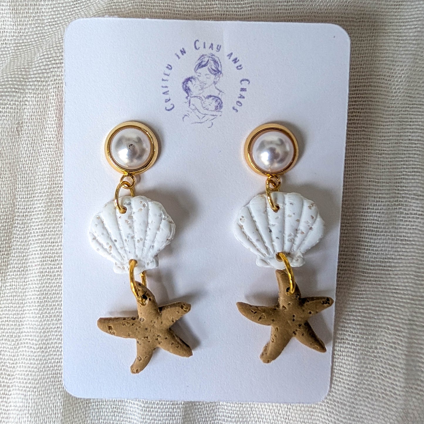 Cape Cod Sand Shell Starfish Earrings, Pearl Coastal Statement Earrings for Beach Dinner Date or Summer Brunch