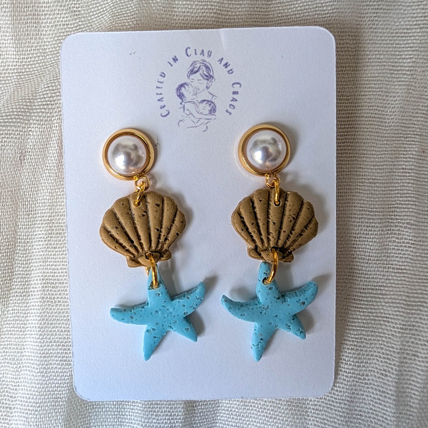 Cape Cod Sand Shell Starfish Earrings, Pearl Coastal Statement Earrings for Beach Dinner Date or Summer Brunch