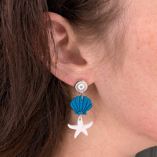 Cape Cod Sand Shell Starfish Earrings, Pearl Coastal Statement Earrings for Beach Dinner Date or Summer Brunch