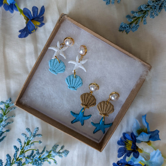 Cape Cod Sand Shell Starfish Earrings, Pearl Coastal Statement Earrings for Beach Dinner Date or Summer Brunch
