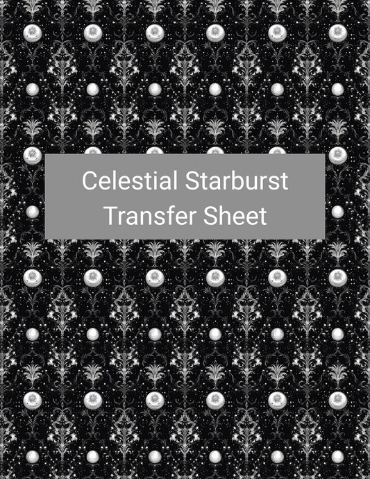 Celestial Starburst polymer clay transfer paper with black, bright white, silver gray, and soft pearl featuring radiant starbursts, glowing moons, pearl-like orbs, and ornate celestial filigree