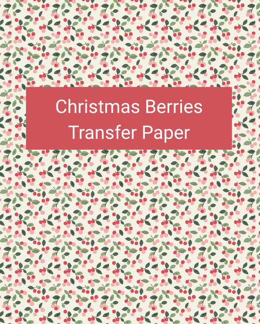 Christmas Berries polymer clay transfer paper with dense red berries and green leaves in a festive all-over repeat in cream, bright red, blush, sage, and forest green