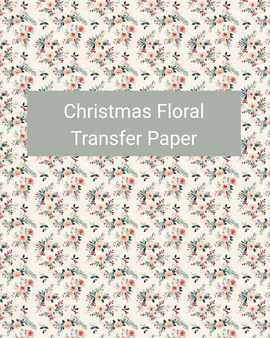 Christmas Floral polymer clay transfer paper with small watercolor-style holiday flowers, berries, and greenery in cream, muted red, dusty blue, sage green, and soft grey