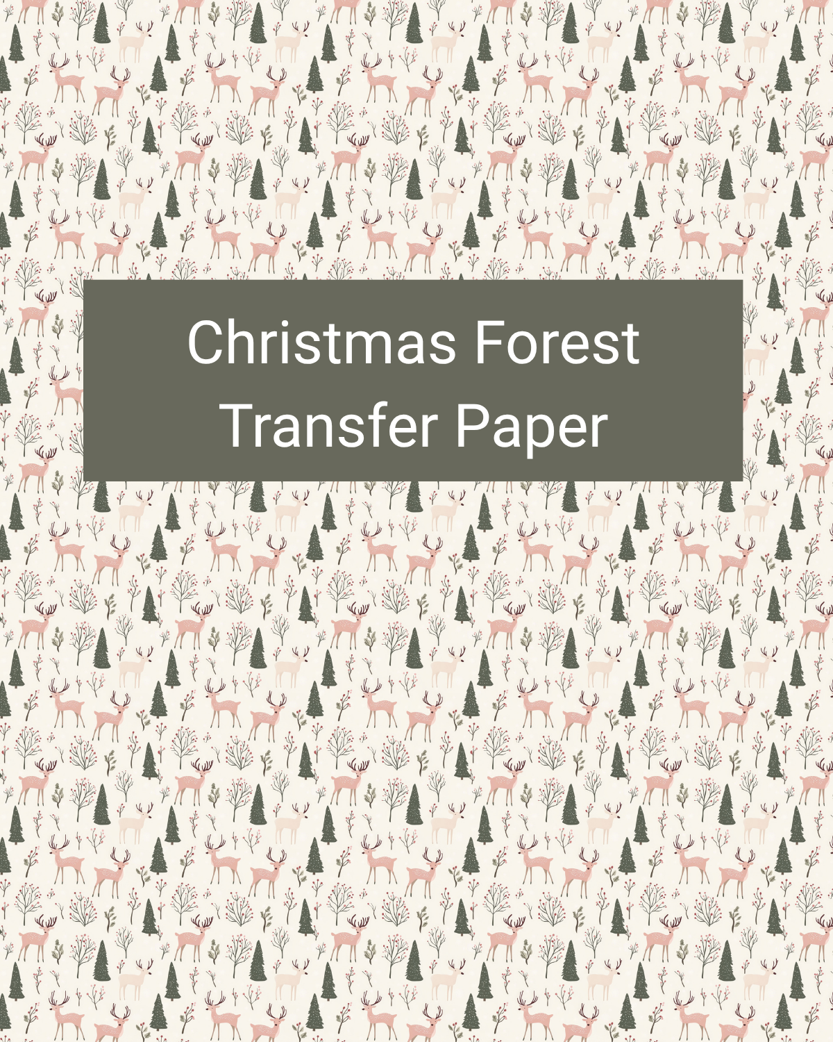 Christmas Forest polymer clay transfer paper with tiny forest animals and evergreen trees in a delicate repeat in warm cream, blush, sage, grey, and muted red