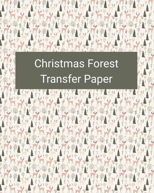 Christmas Forest polymer clay transfer paper with tiny forest animals and evergreen trees in a delicate repeat in warm cream, blush, sage, grey, and muted red