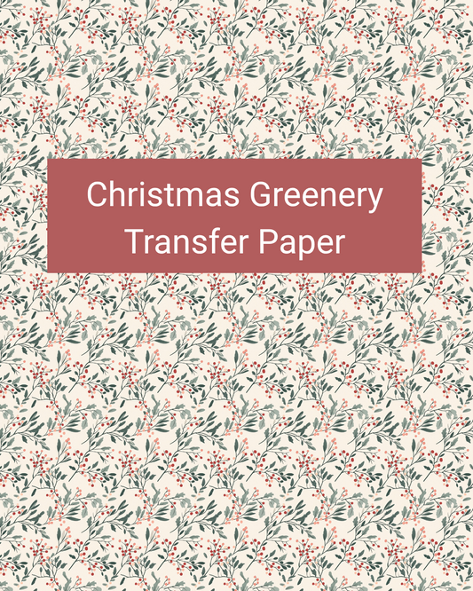 Christmas Greenery polymer clay transfer paper with airy evergreen sprigs, berries, and fine holiday foliage in cream, sage green, muted red, soft blue, and grey