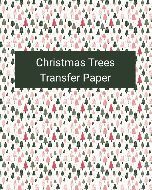 Christmas Trees polymer clay transfer paper with small stylized evergreen trees in mixed colors and sizes in cream, forest green, sage, blush, and red