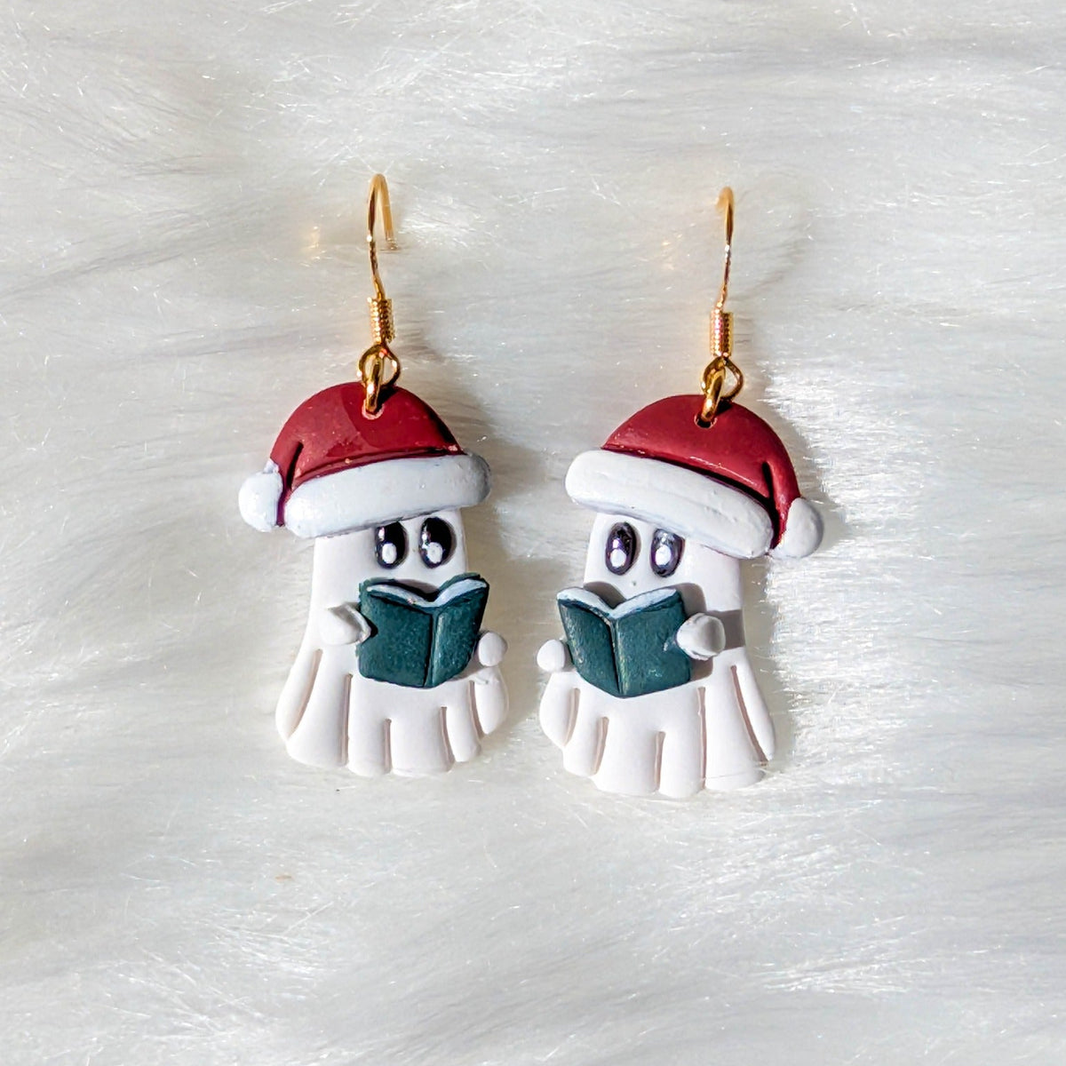 Pair of Santa hat ghost reader earrings with gold-plated surgical-grade stainless steel hooks