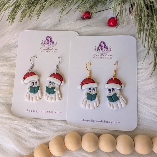 Santa ghost reader earrings displayed with gold-plated and stainless steel hooks