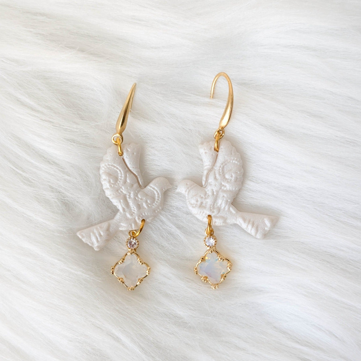 Clear lace turtle dove Christmas earrings with luminous crystal drop charms