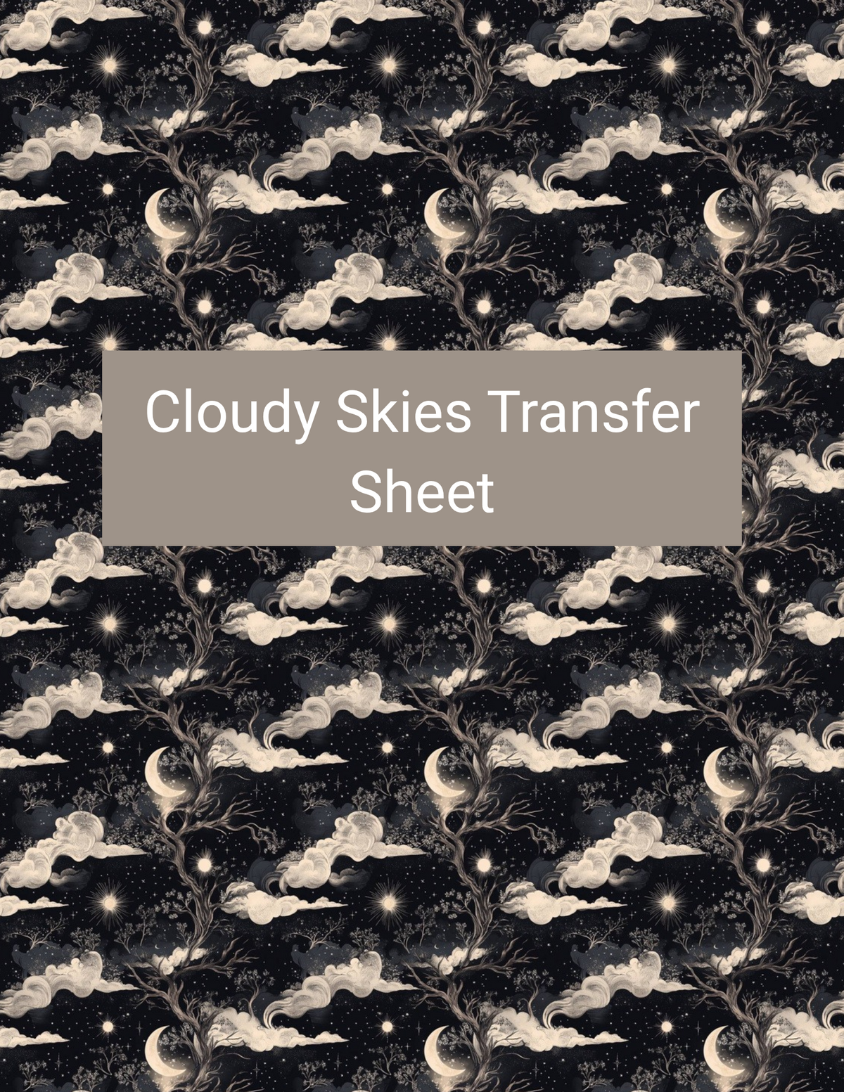 Cloudy Skies polymer clay transfer paper with black, midnight navy, ivory cream, smoky gray, and soft gold featuring billowing cream clouds, crescent moons, stars, and swirling night-sky details