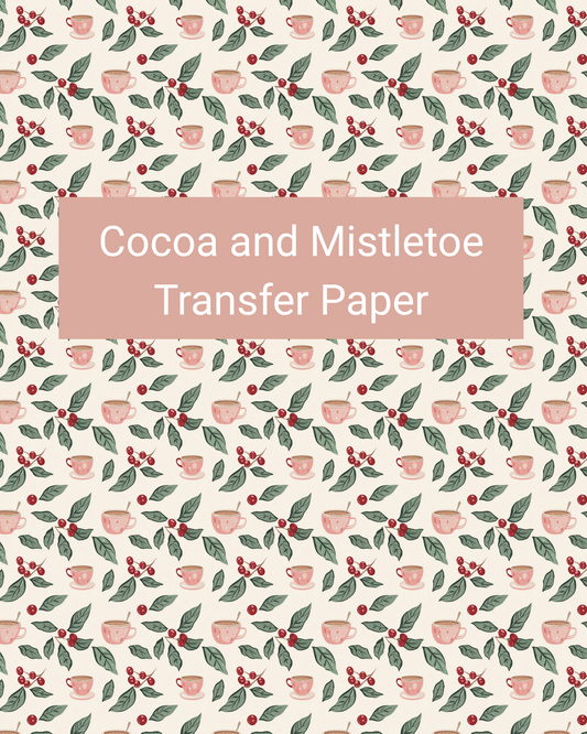 Cocoa and Mistletoe polymer clay transfer paper with cocoa cups, mistletoe sprigs, berries, and winter leaves in cream, cocoa brown, blush, red, and sage green