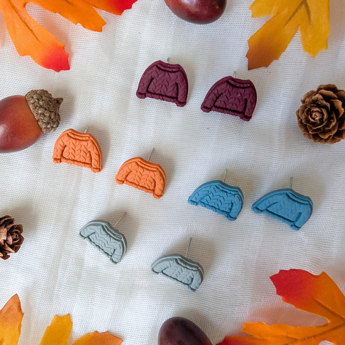 Handmade cozy fall knitted sweater stud earrings in four autumn colors