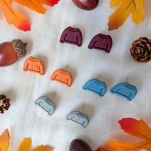Handmade cozy fall knitted sweater stud earrings in four autumn colors