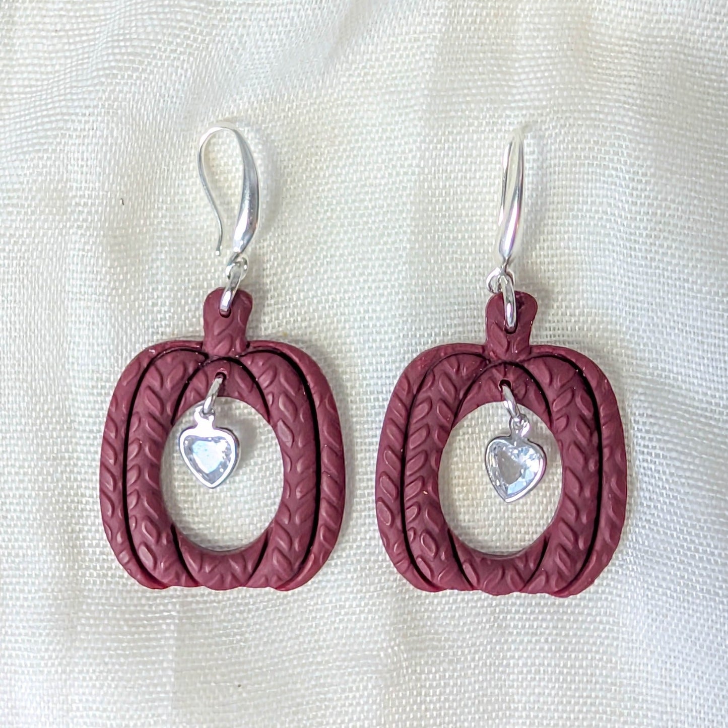 Crimson knitted pumpkin earrings with clear heart charms and 925 sterling silver-plated stainless steel hooks